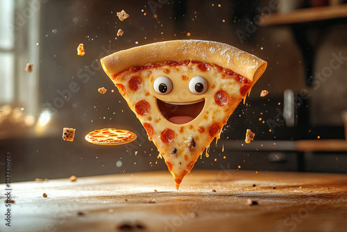 A happy pizza slice with a face, spinning a mini pizza like a frisbee photo