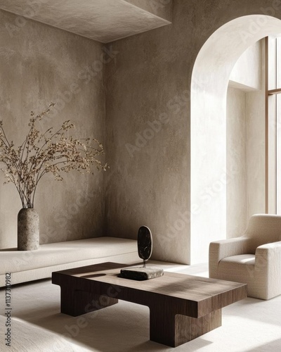 A minimalist living room with earthy tones and natural decor.