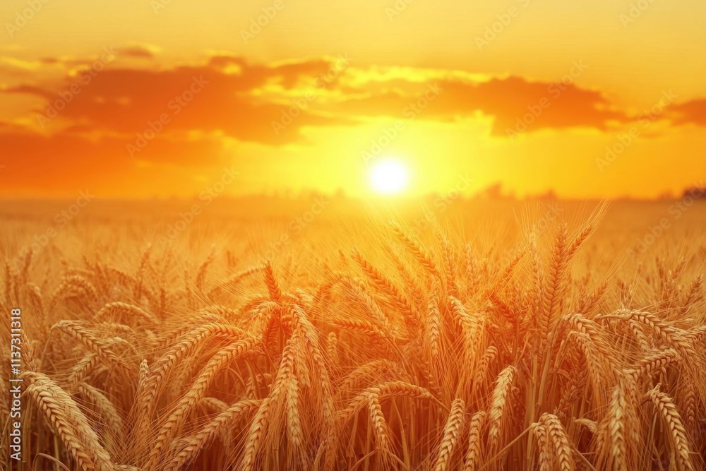 A golden wheat field under a vibrant sunset sky.