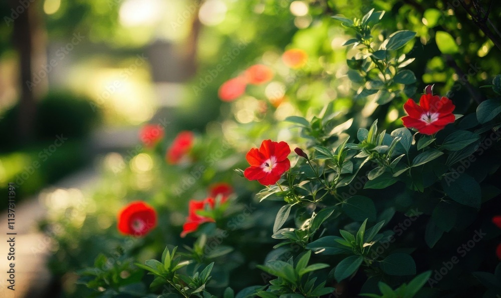A vibrant garden scene featuring red flowers amidst lush greenery. A vibrant garden scene featuring red flowers amidst lush greenery.
