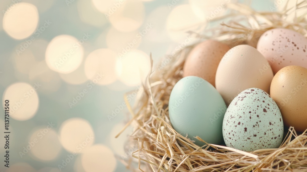 Fresh eggs in pastel tones in a carton on a marble counter, set against a sparkling golden bokeh background. Fresh eggs in pastel tones in a carton on a marble counter, set against a sparkling golden bokeh background.