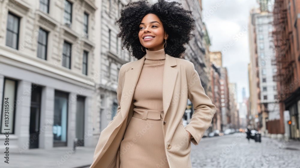 Fototapeta premium A fashionable woman in a beige coat standing on a European street with historic architecture, radiating confidence and urban elegance.