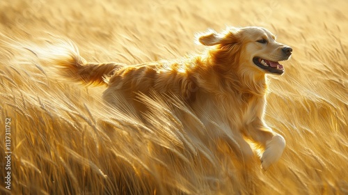 Dynamic golden retriever running through wheat field in photorealistic style photo