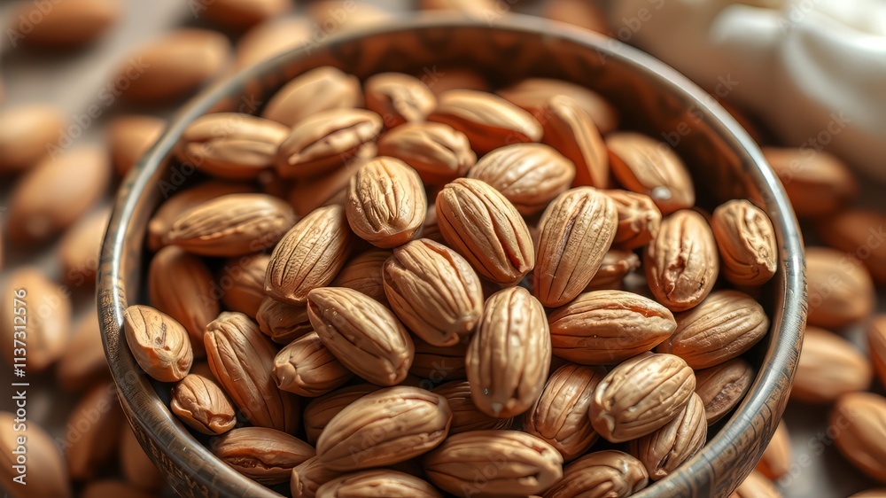 Fototapeta premium Organic Raw Almonds Bowl - Healthy Snack Photography - Fresh, Vibrant, High Quality