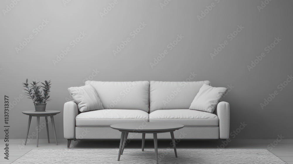 Fototapeta premium Minimalist living room with sofa, coffee table, and plant.