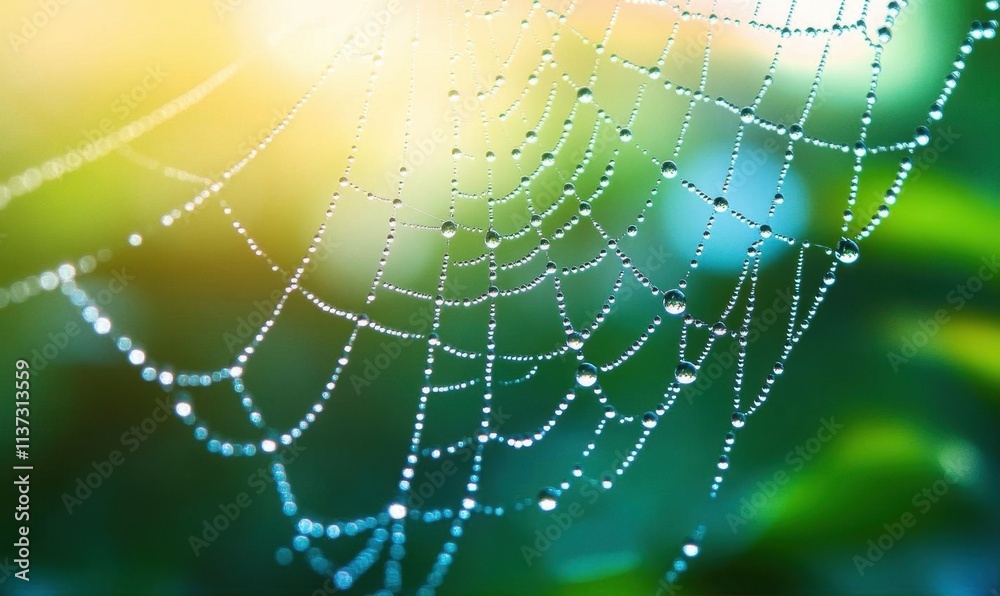 Naklejka premium A close-up of a spider web adorned with dew drops in soft sunlight.