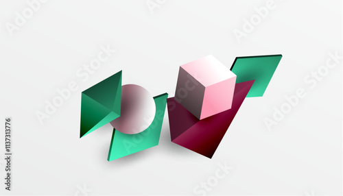 Free Download Abstract design showcasing isometric cubes, pyramids, squares, and spheres in a vibrant 3D layout. Modern and dynamic, perfect for tech, design, or futuristic themes - GFXLoad