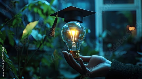 A creative representation of knowledge and education featuring a hand holding a light bulb topped with a graduation cap, symbolizing innovative ideas and learning potenti photo