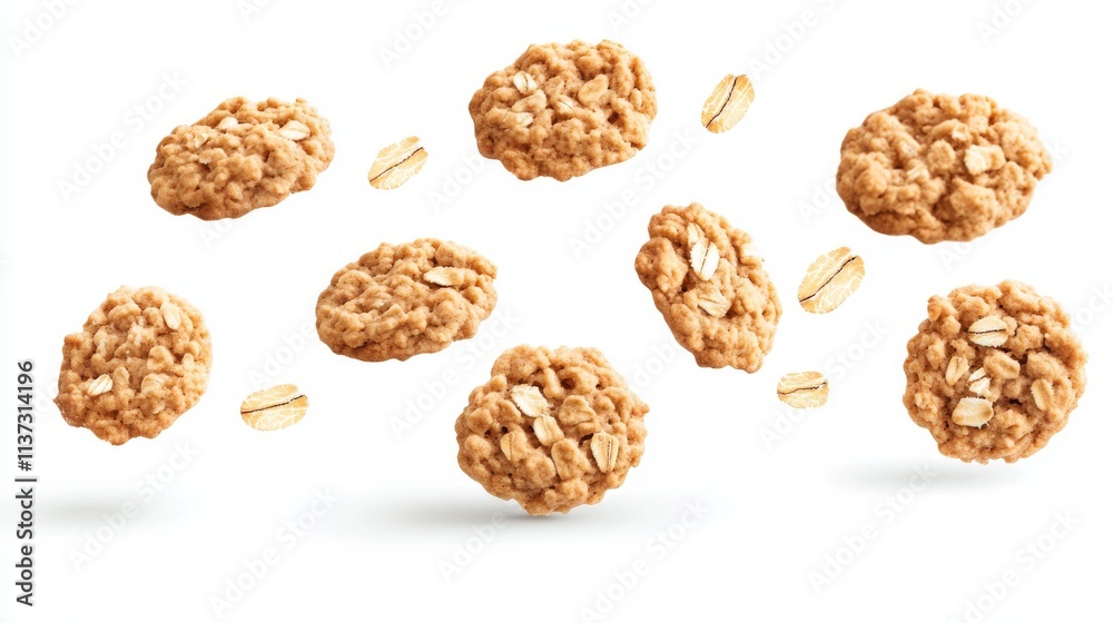19.Oatmeal cookies in a playful, floating arrangement on a bright white background, appearing to defy gravity. Each cookie has visible oats and crispy edges, giving a fresh, light-hearted look as 19.Oatmeal cookies in a playful, floating arrangement on a bright white background, appearing to defy gravity. Each cookie has visible oats and crispy edges, giving a fresh, light-hearted look as