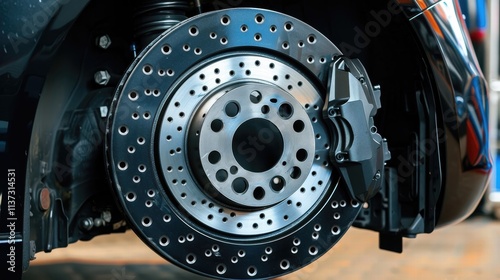 Close-up of a car brake disc and caliper.