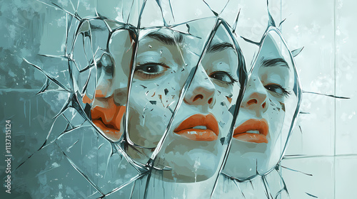 Self-doubt depicted as a shattered mirror reflecting multiple faces (selective focus, fragmented self-perception, whimsical, multilayer, bathroom backdrop). Shattered. Illustration photo