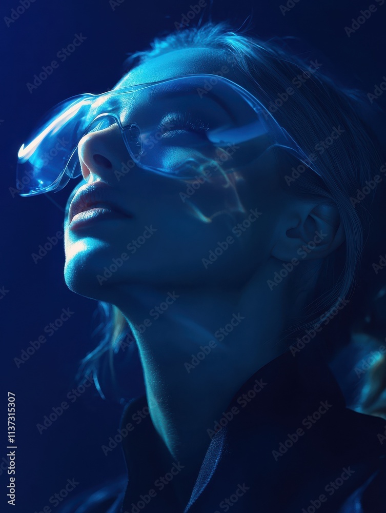 augmented reality, science and technology concept - beautiful woman in futuristic glasses with virtual screens projection over dark blue background augmented reality, science and technology concept - beautiful woman in futuristic glasses with virtual screens projection over dark blue background