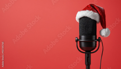 A black microphone with a red Santa Claus hat on a red background