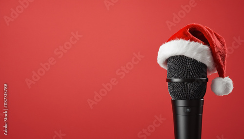 A black microphone with a red Santa Claus hat on a red background