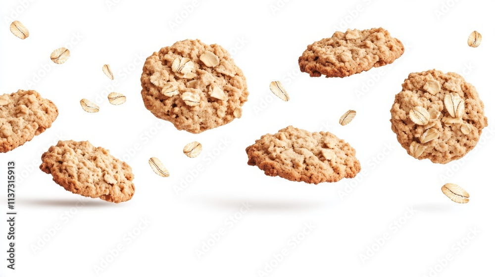 16.Several oatmeal cookies captured mid-air on a white background, each cookie tumbling with oats visible, as if floating weightlessly. The isolated white background emphasizes each cookieâ€™s texture