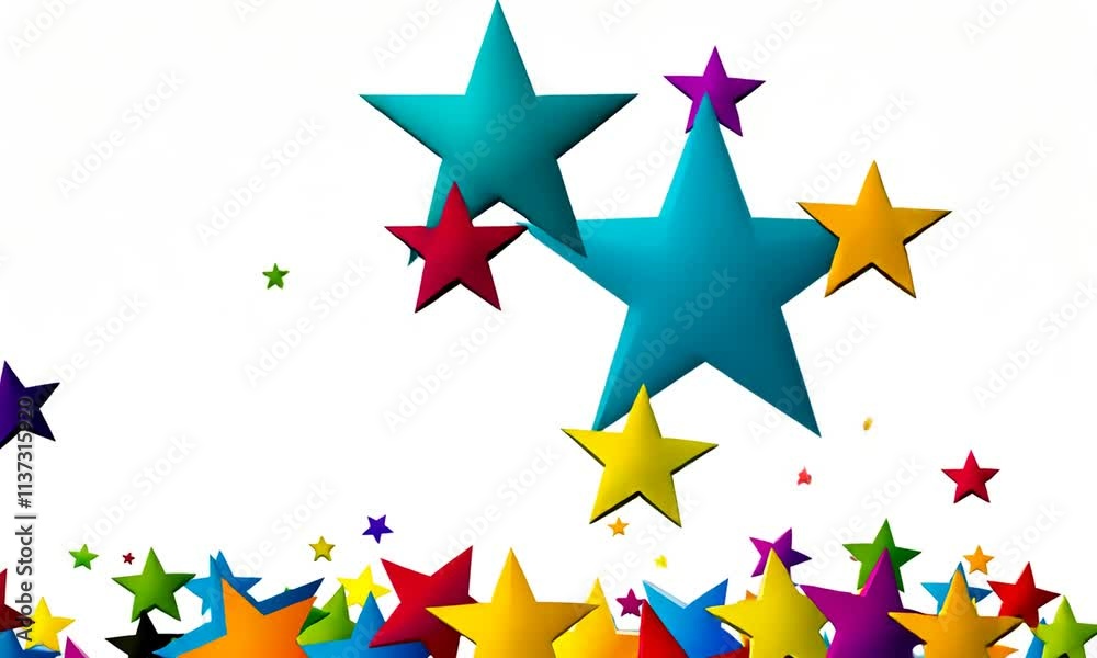 Envolée d'étoiles colorées sur fond blanc, décor festif et dynamique pour célébrations et événements, espace négatif copyspace