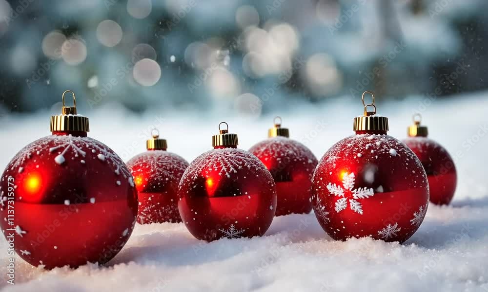 Boules de Noël rouges posées dans la neige scintillante avec effet bokeh lumineux en arrière-plan, ambiance festive hivernale