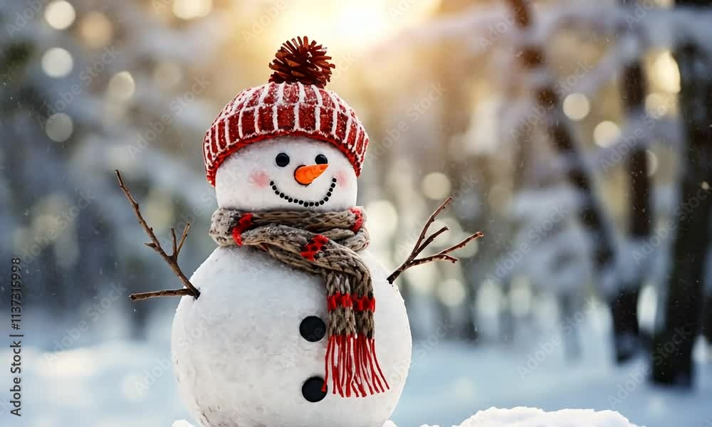 Bonhomme de neige qui danse avec bonnet rouge et écharpe à carreaux dans une forêt enneigée, ambiance festive pour Noël et l'hiver