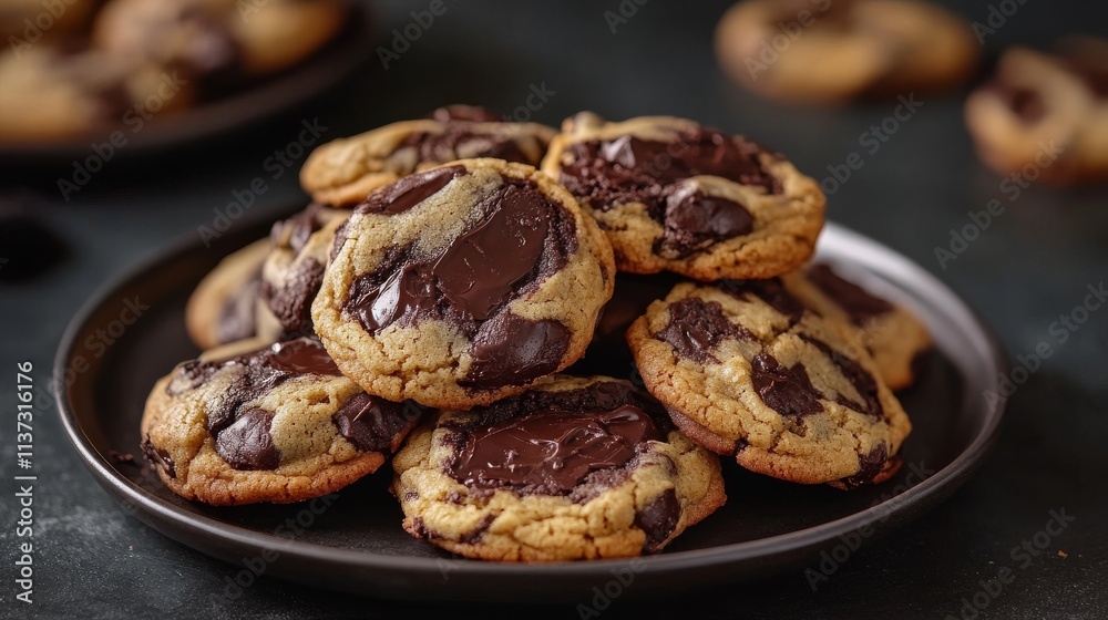 96.A plate piled with warm, homemade chocolate chip cookies set on a dark, moody background, each cookie showing golden-brown color and melted chocolate chunks. Soft lighting highlights the texture 96.A plate piled with warm, homemade chocolate chip cookies set on a dark, moody background, each cookie showing golden-brown color and melted chocolate chunks. Soft lighting highlights the texture