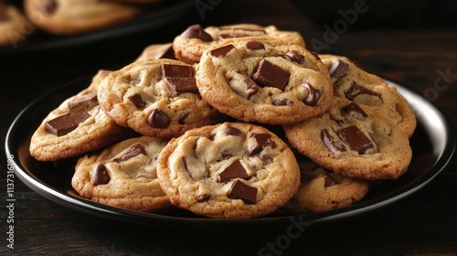 96.A plate piled with warm, homemade chocolate chip cookies set on a dark, moody background, each cookie showing golden-brown color and melted chocolate chunks. Soft lighting highlights the texture photo