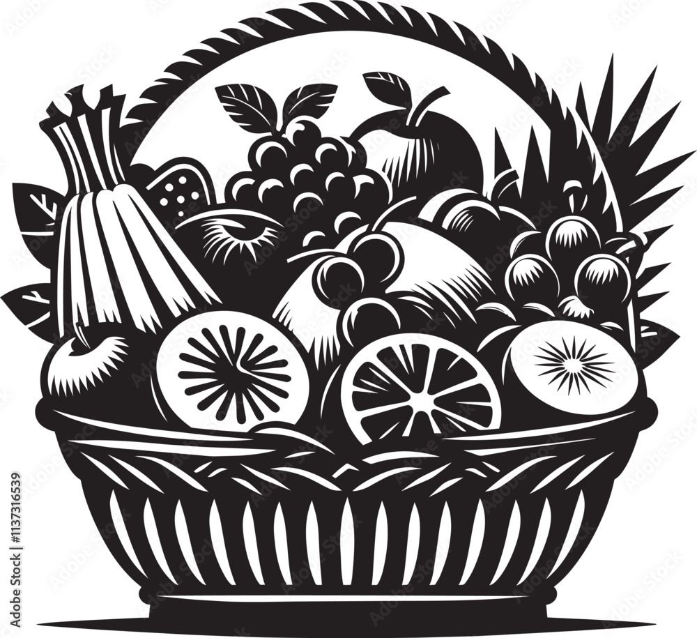 Fruits basket silhouette vector illustration isolated on a white background