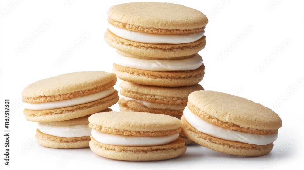32.A stack of golden sandwich cookies with thick vanilla cream filling, isolated on a white background. The cookies are shown from different angles, revealing the smooth cream center and detailed 32.A stack of golden sandwich cookies with thick vanilla cream filling, isolated on a white background. The cookies are shown from different angles, revealing the smooth cream center and detailed