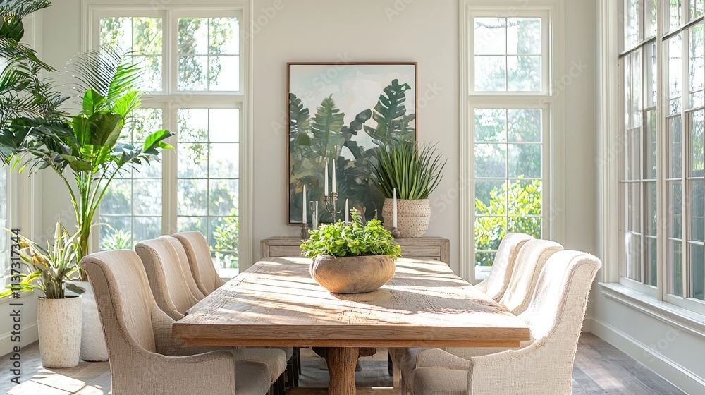 Fototapeta premium This bright and airy dining room features a wooden table, stylish chairs, and nature-inspired artwork. Sunlight streams through large windows, creating a cozy and invitin