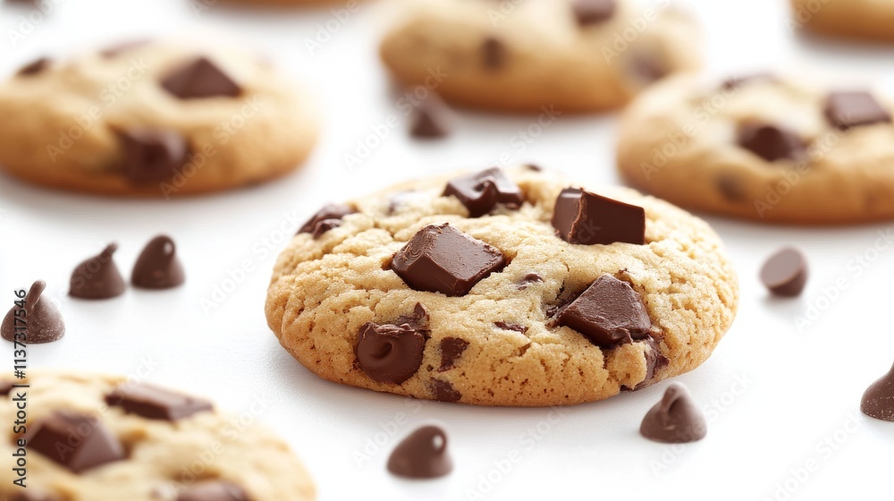 71.A close-up vector illustration of golden American chocolate chip cookies with soft, rounded edges, each cookie dotted with large chocolate chunks. The cookies are set on a bright white background, 71.A close-up vector illustration of golden American chocolate chip cookies with soft, rounded edges, each cookie dotted with large chocolate chunks. The cookies are set on a bright white background,