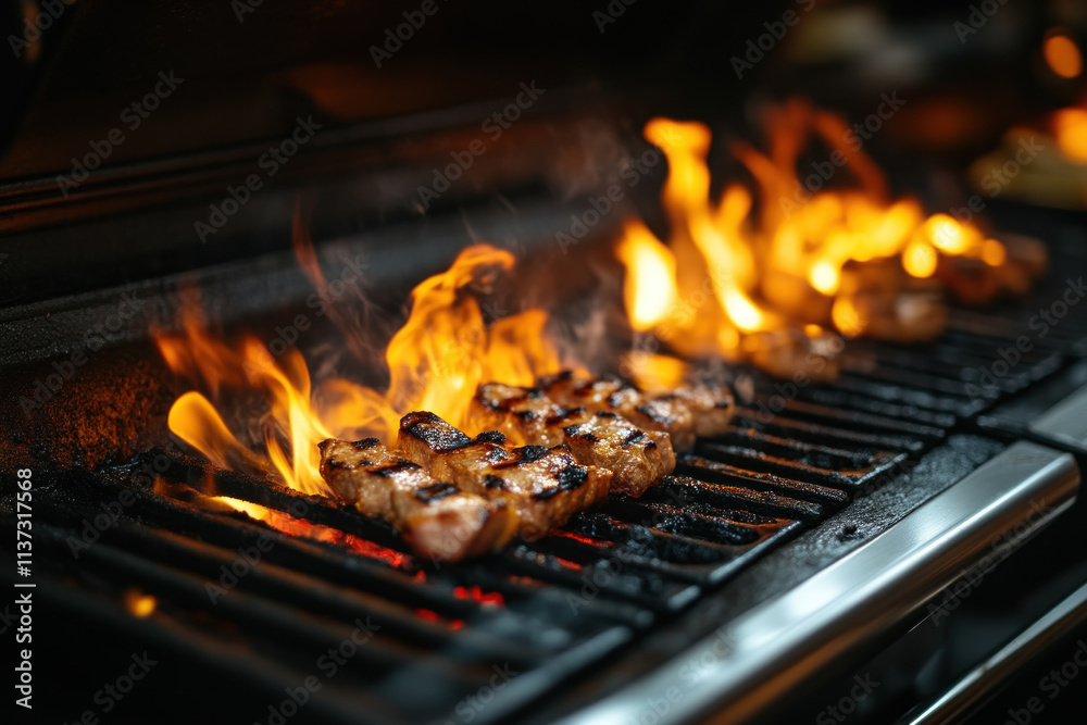 Grilled meat skewers cooking on a flaming grill. Grilled meat skewers cooking on a flaming grill.