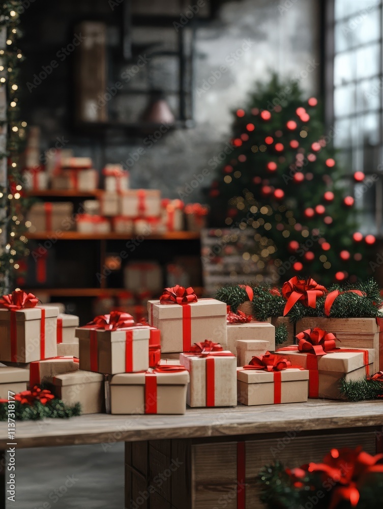 Decorated Merry Christmas table with gifts boxes in warehouse interior background. Many presents wrapped with red ribbons and letters on desk in storage. Xmas postal shipping delivery concept. Decorated Merry Christmas table with gifts boxes in warehouse interior background. Many presents wrapped with red ribbons and letters on desk in storage. Xmas postal shipping delivery concept.