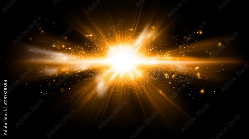 Obraz premium Bright Yellow Sun Illustration with Radiating Rays and Starburst Effect on Black Background, Energetic and Dynamic Concept