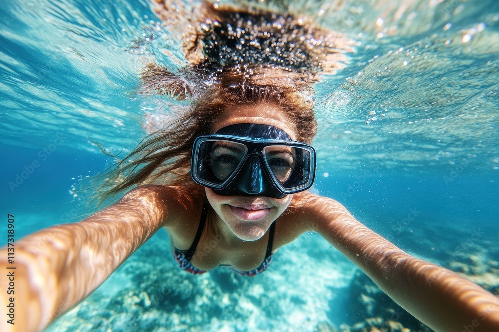 Fototapeta premium Woman snorkeling underwater selfie, hair flowing. Perfect for travel, adventure, and summer blogs.
