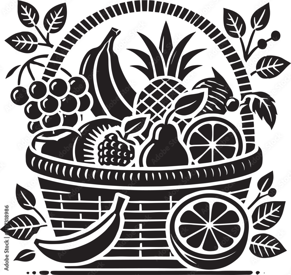 Fruits basket silhouette vector illustration isolated on a white background