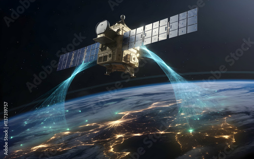 Global Satellite Network: High-tech satellite orbiting Earth, beaming data streams across continents. Futuristic imagery depicting global communication and technological advancement.  photo