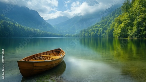 A small boat is floating on a lake surrounded by trees