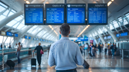 Man standing at airport terminal, gazing at large digital screen showing immigration policies, amidst bustling crowd and luggage, highlighting importance of travel regulations and border control infor