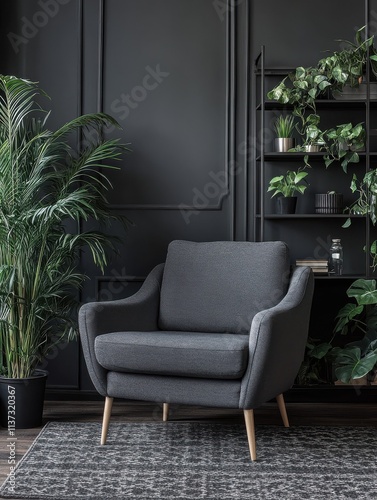 Gray armchair on patterned rug in dark and elegant living room interior with plants on a metal rack