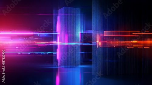 Abstract digital background with vibrant light trails and glowing structures in dark space, technology concept