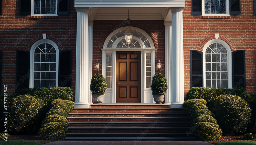 Obraz premium Traditional Front Door of Elegant Home with Large Columns and Clear Glass Windows
