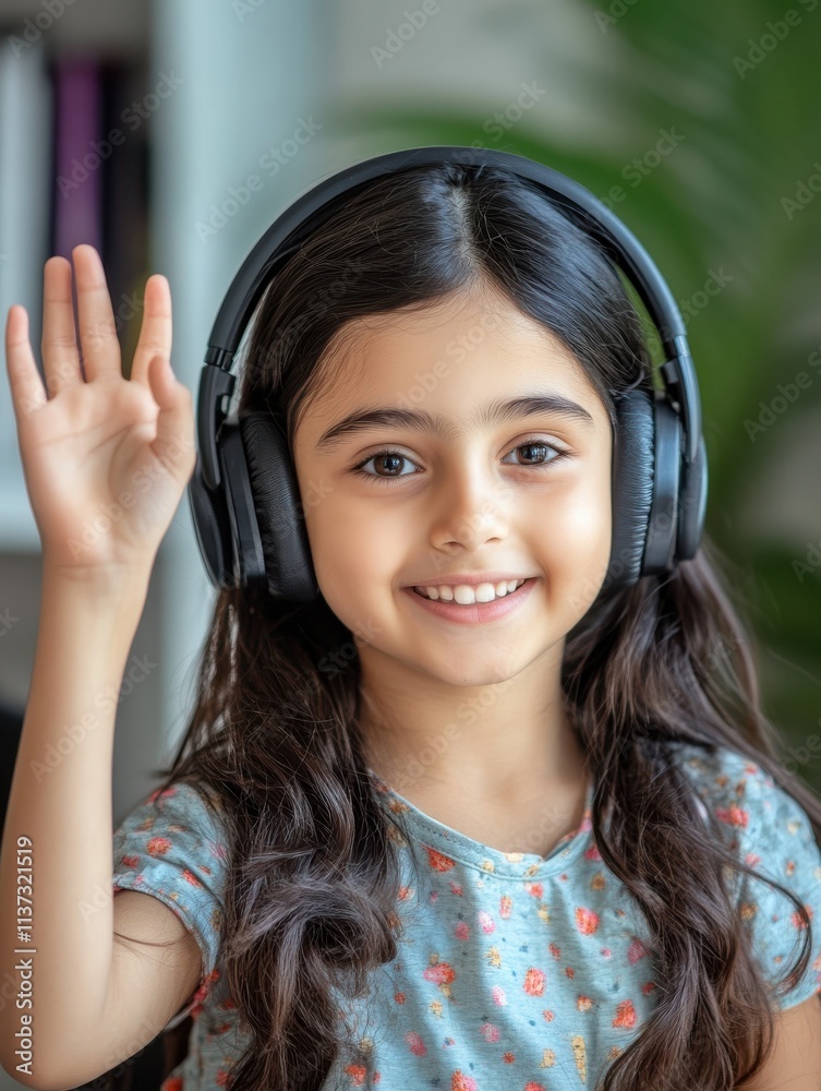 Happy indian latin preteen girl school pupil wearing headphones raising hand distance learning online at virtual lesson class with teacher tutor by video conference call at home, webcam view. Happy indian latin preteen girl school pupil wearing headphones raising hand distance learning online at virtual lesson class with teacher tutor by video conference call at home, webcam view.