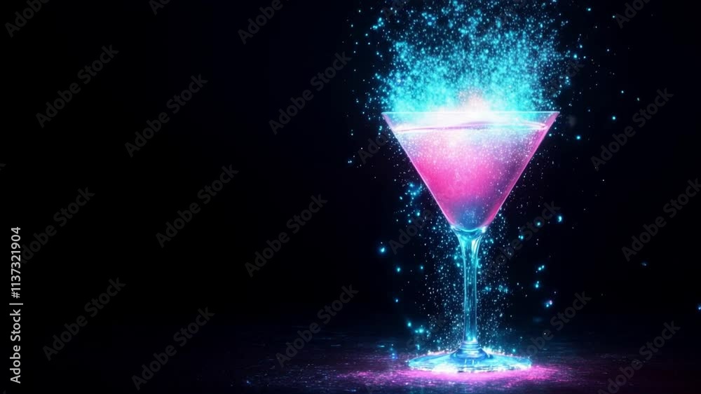 Magical cocktail glass with glowing pink and blue liquid, sparkling light effects bursting into the air in a dark atmosphere Magical cocktail glass with glowing pink and blue liquid, sparkling light effects bursting into the air in a dark atmosphere