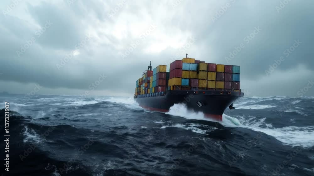 Cargo ship navigating through rough ocean waves under a stormy sky