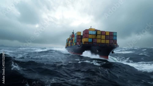 Cargo ship navigating through rough ocean waves under a stormy sky