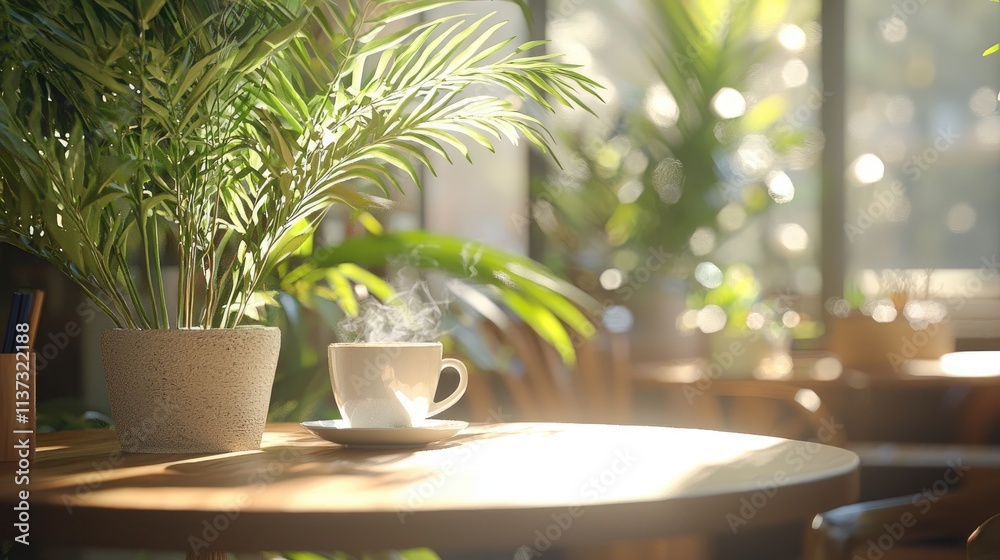 A serene cafe setting featuring indoor plants and soft lighting, perfect for relaxation and socializing with friends or enjoying a quiet moment alone. A serene cafe setting featuring indoor plants and soft lighting, perfect for relaxation and socializing with friends or enjoying a quiet moment alone.