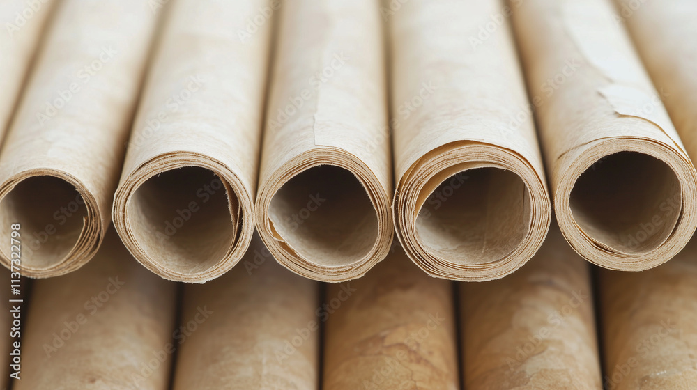 Rolled Paper Texture: Close-up of several rolled parchment papers, showcasing their texture and subtle variations in color. Ideal for backgrounds or adding a vintage feel to designs.