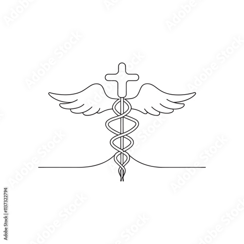 Medical health care cross Continuous line art flat vector illustration on white background.