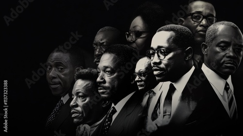 A solemn Black History Month tribute with a collage of historical figures against a dark backdrop, macro shot, Minimalist style photo