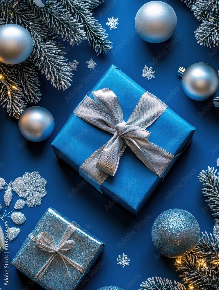 Merry Christmas gift boxes with silver ribbon bow on blue festive background decorated balls candles tree, happy 2022 new year winter handmade holiday present concept, flat lay, copy space top view Merry Christmas gift boxes with silver ribbon bow on blue festive background decorated balls candles tree, happy 2022 new year winter handmade holiday present concept, flat lay, copy space top view