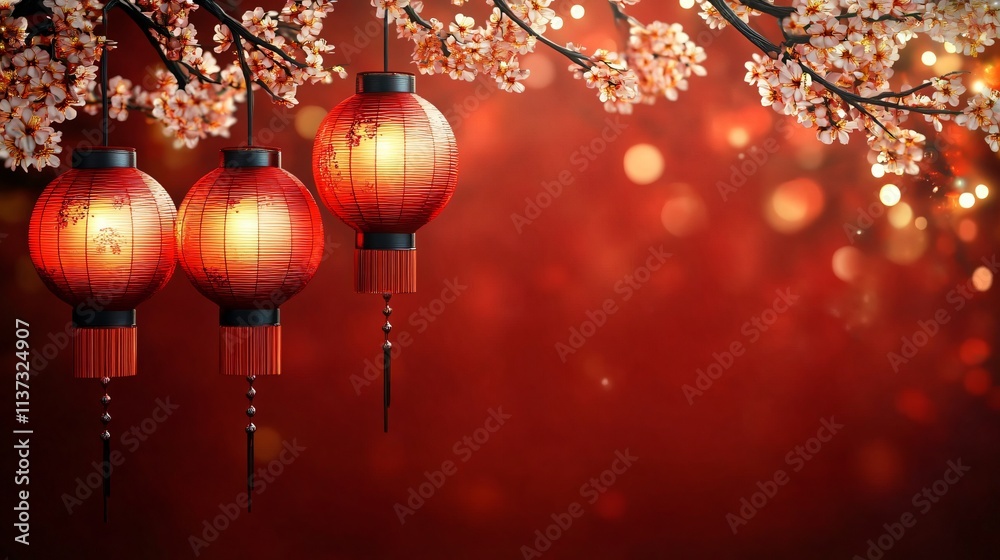 Fototapeta premium Cheerful seasonal celebration theme with glowing red lanterns and white flowers evokes the Year of the Snake, perfect for holiday invitations or event decorations.