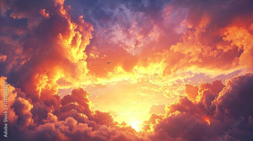 Experience a stunning display of a sunset illuminating dramatic clouds with vibrant orange and blue hues, featuring a silhouette of an airplane in the background. Experience a stunning display of a sunset illuminating dramatic clouds with vibrant orange and blue hues, featuring a silhouette of an airplane in the background.